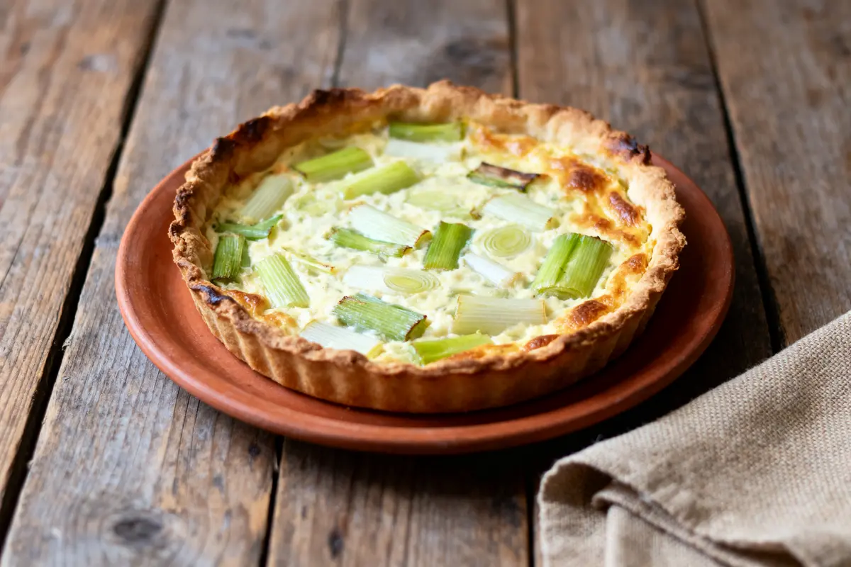 Quiche aux poireaux sur une table en bois rustique, servie sur une assiette en terre cuite.