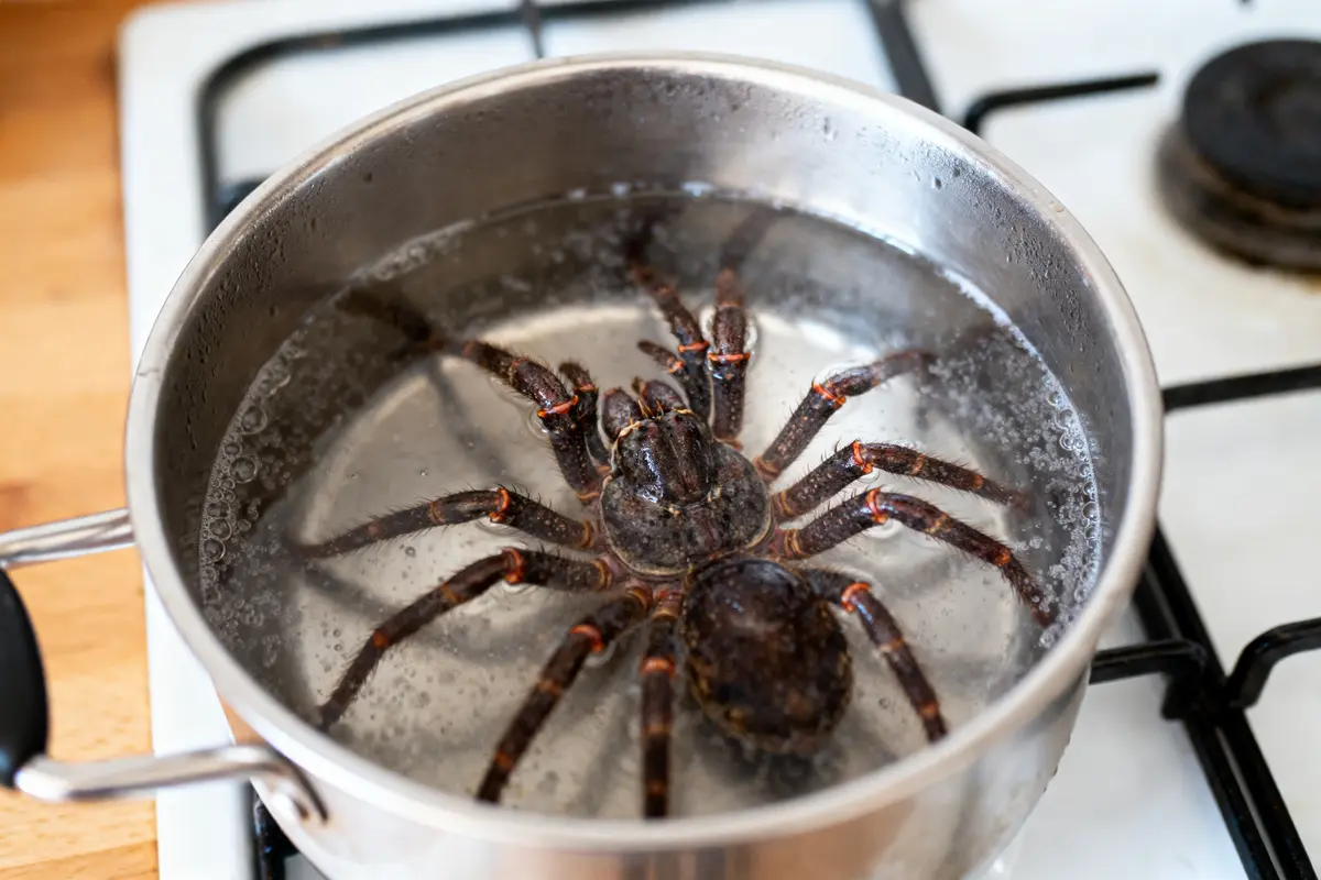 Une grande araignée noire est plongée dans une casserole d'eau bouillante sur une cuisinière.