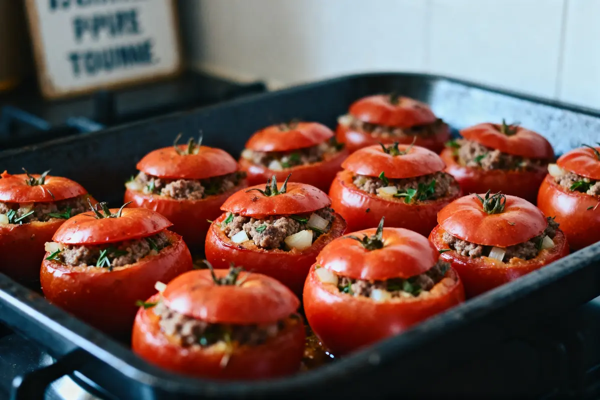 Tomates farcies avec viande, oignons et herbes, disposées sur un plateau.