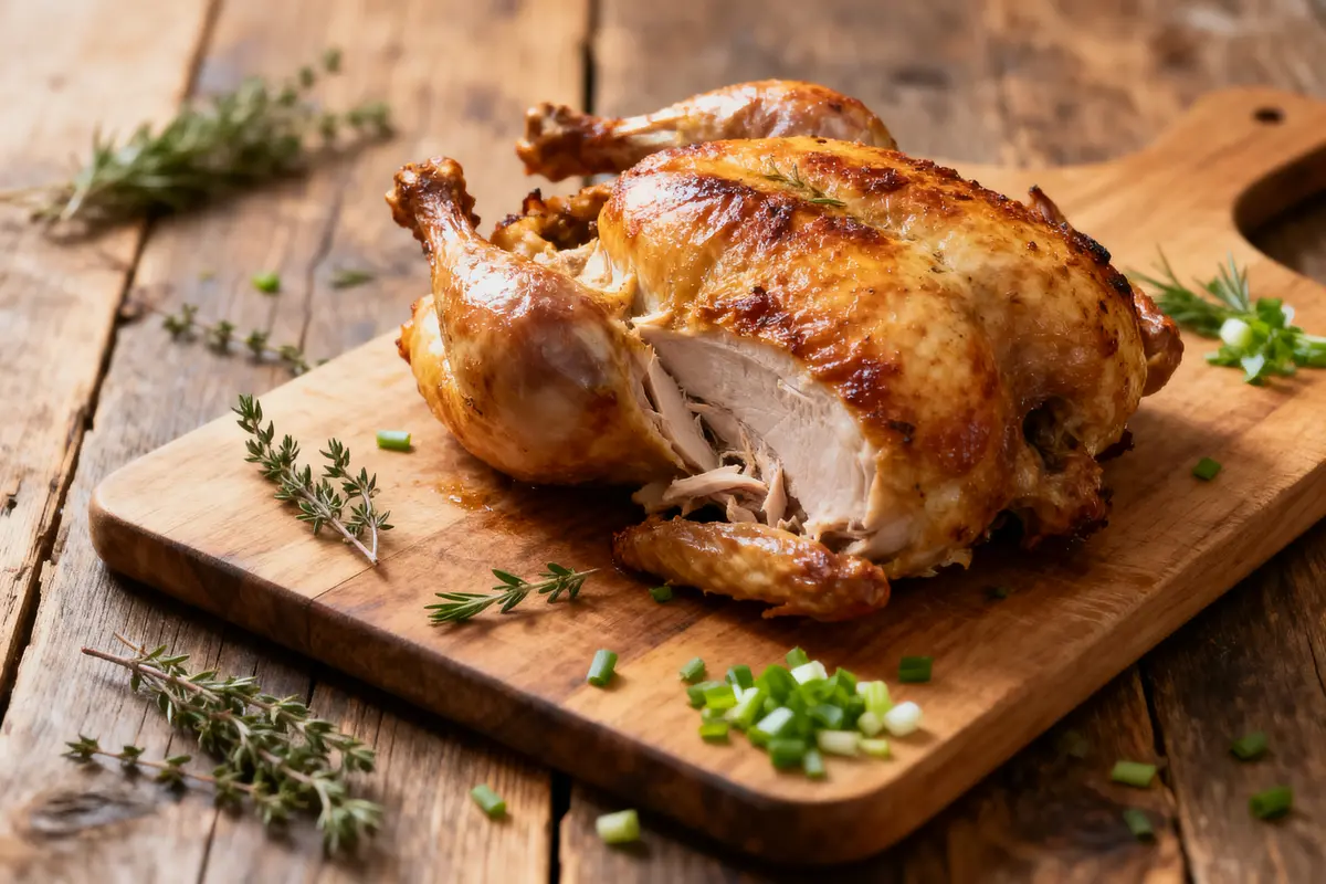 Poulet rôti sur planche en bois avec herbes et ciboule, fond rustique en bois.