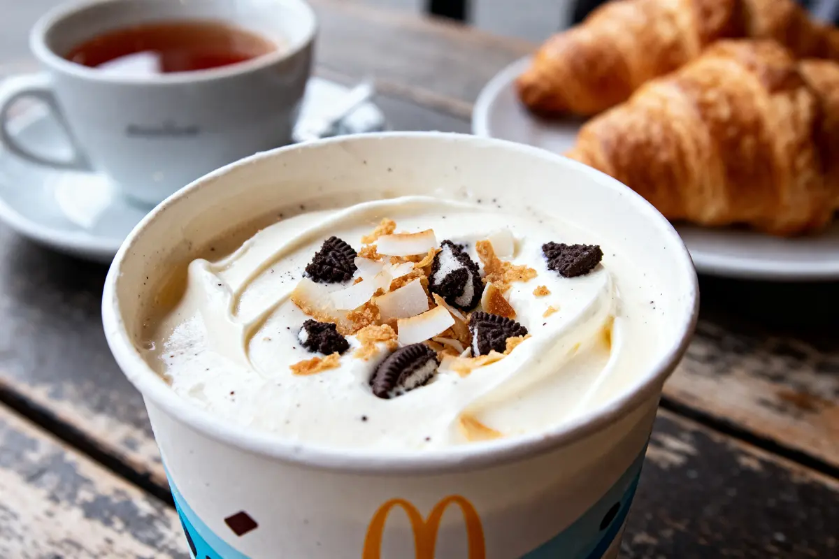 Pot de crème glacée avec biscuits Oreo, noix de coco, et croissants en arrière-plan sur une table en bois.
