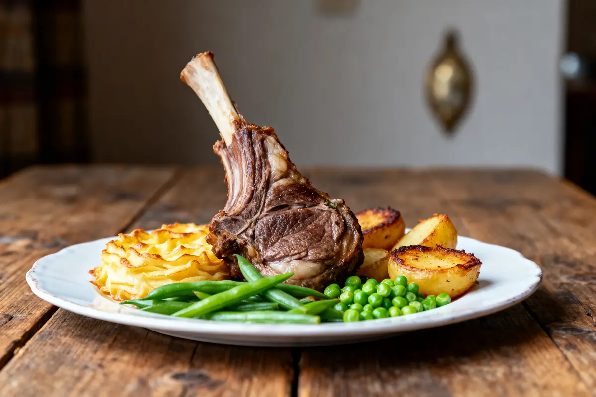 Assiette avec viande rôtie, pommes de terre, petits pois, haricots verts et galettes, sur table en bois.