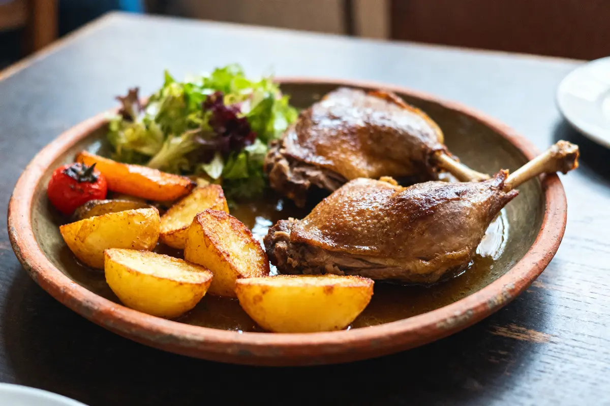 Assiette de confit de canard, pommes de terre rôties, salade verte et tomate grillée.