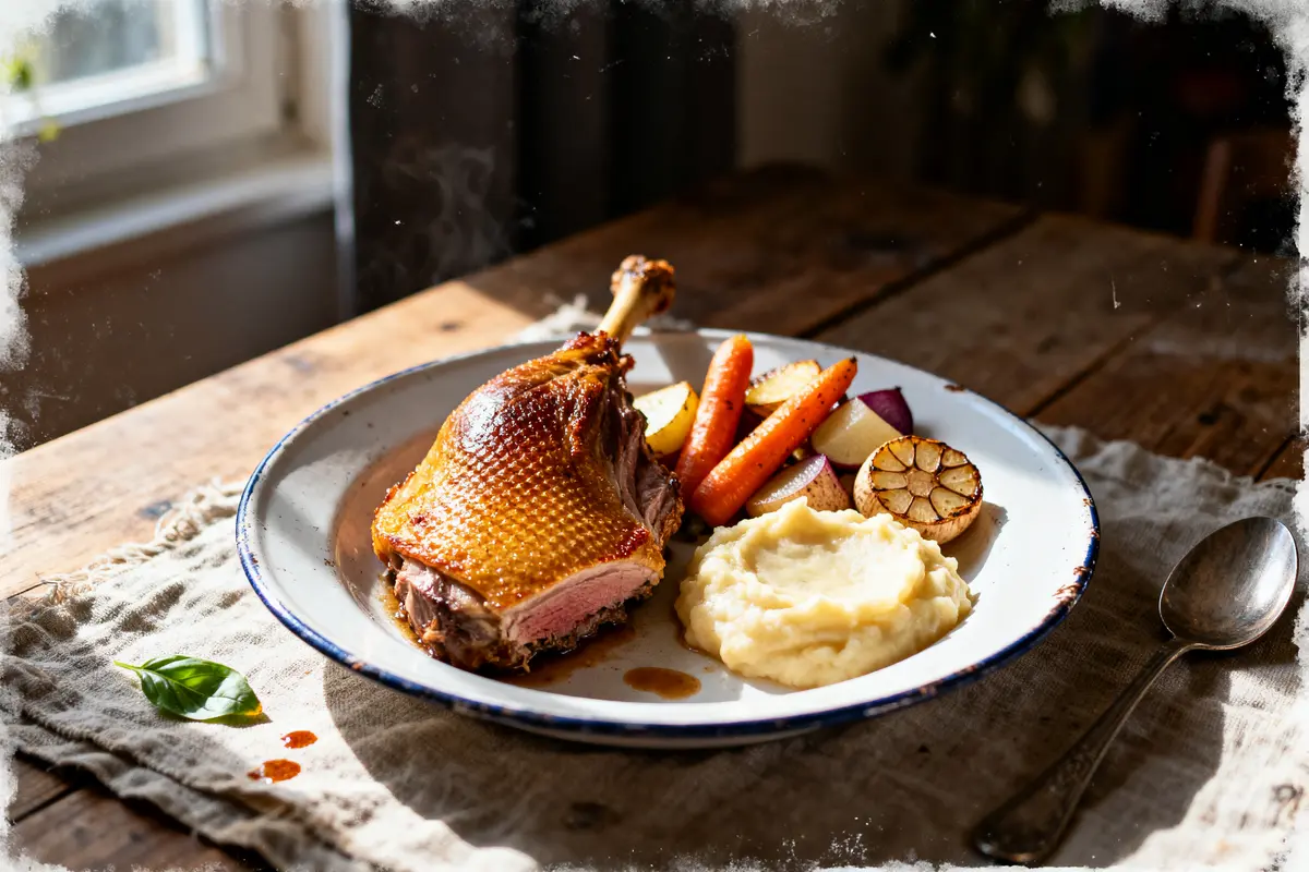 Assiette avec cuisse de canard rôti, purée, carottes, pommes de terre et ail, sur table ensoleillée.