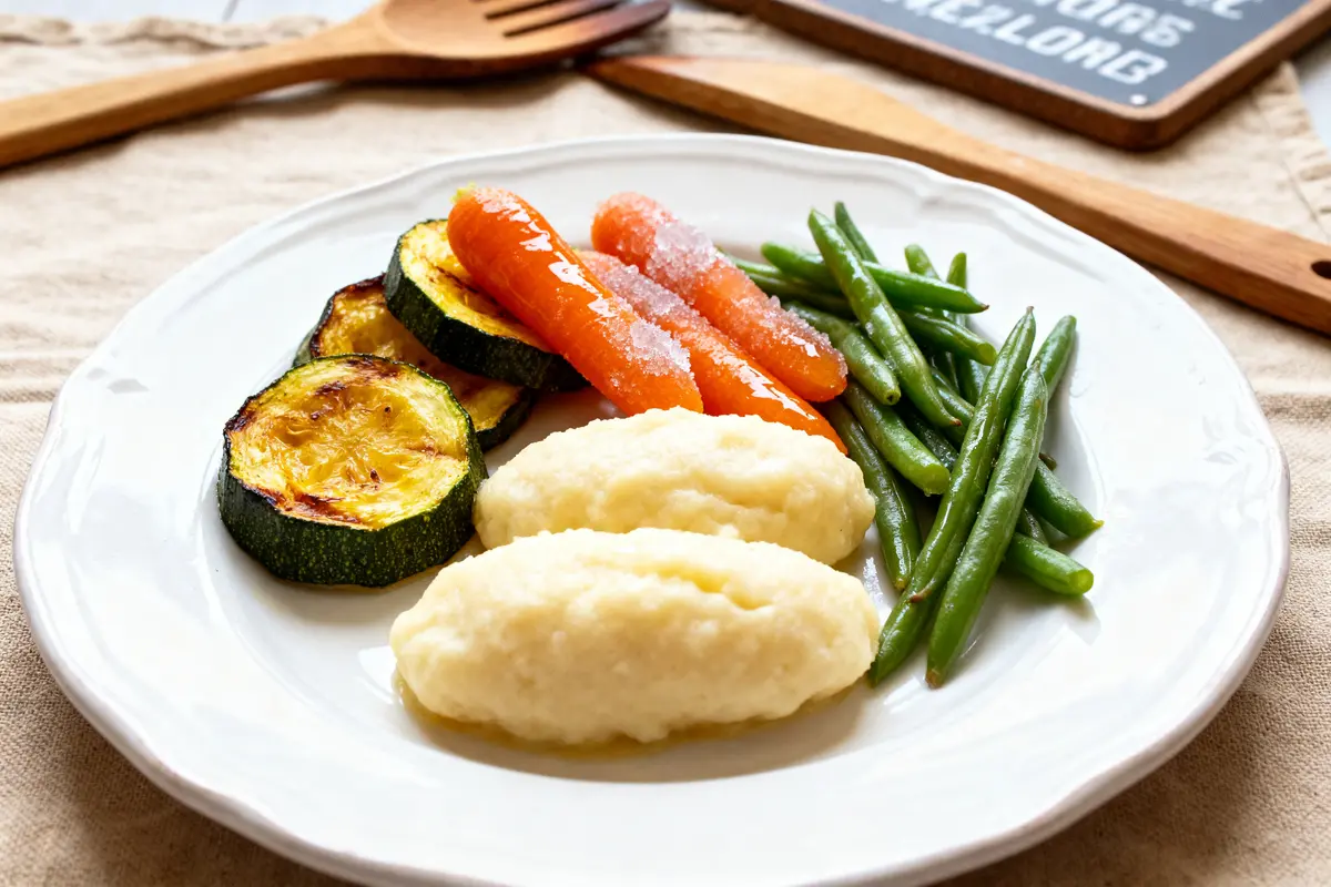 Assiette de purée, courgettes grillées, carottes glacées, haricots verts, sur nappe beige, avec ustensiles bois.