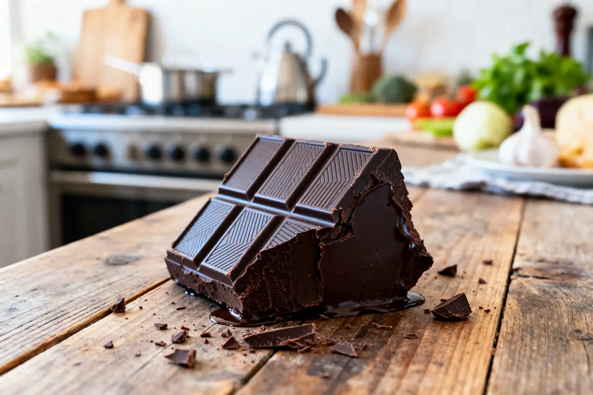 Tablette de chocolat noir partiellement fondue sur une table en bois dans une cuisine rustique.