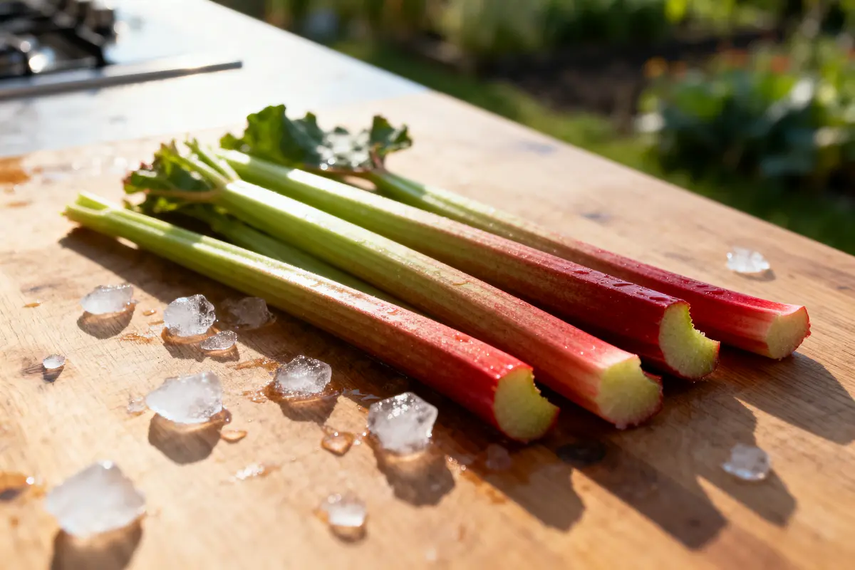 Des tiges de rhubarbe fraîches sur une planche en bois avec glaçons autour.