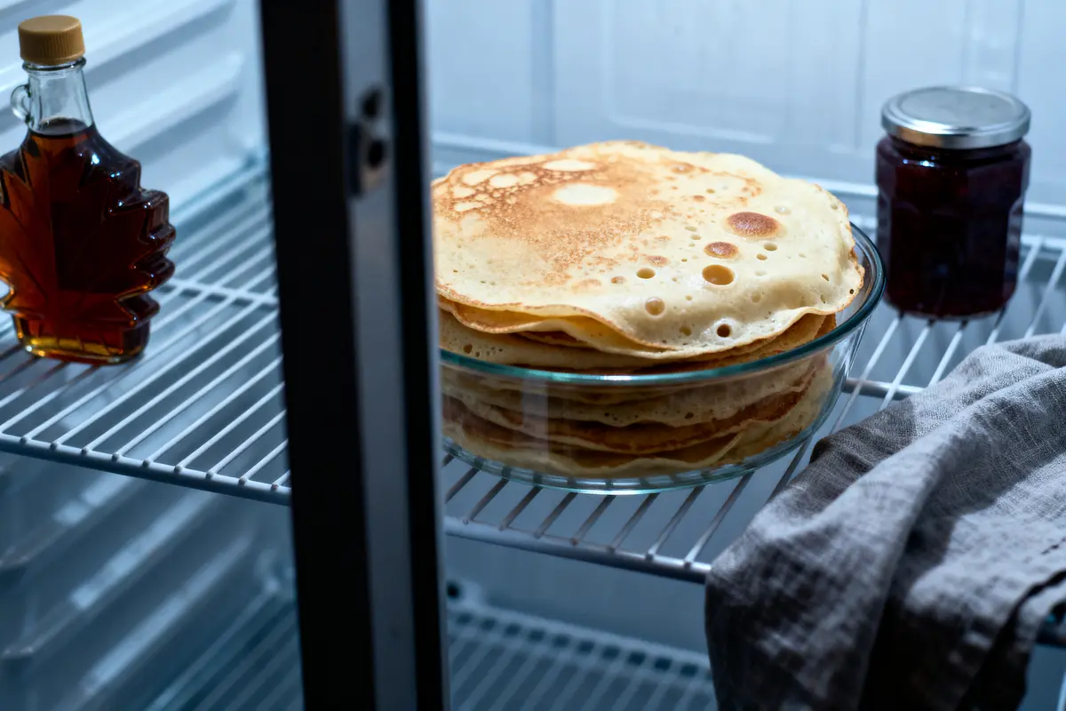 Crêpes empilées dans un bol en verre, sirop et confiture sur étagère de réfrigérateur.