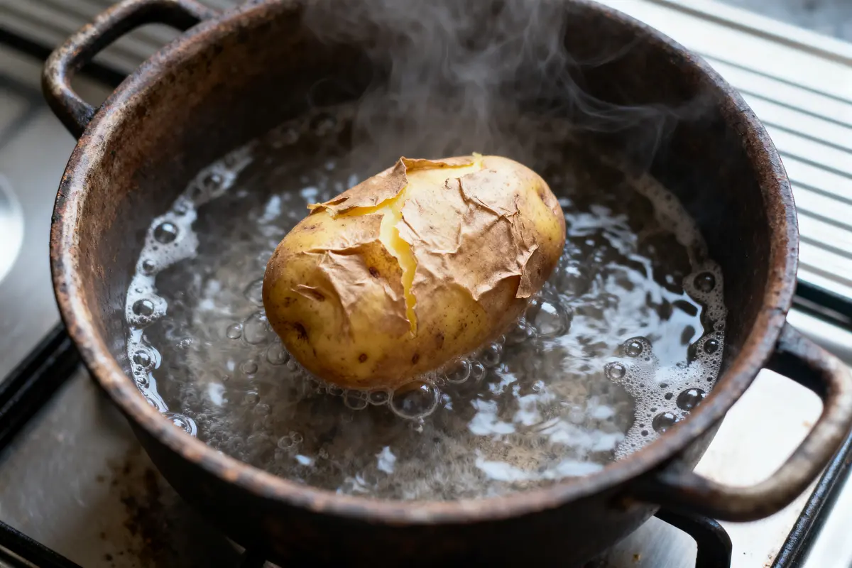 Pomme de terre épluchée, bouillant dans une casserole d'eau sur une cuisinière, avec vapeur visible.