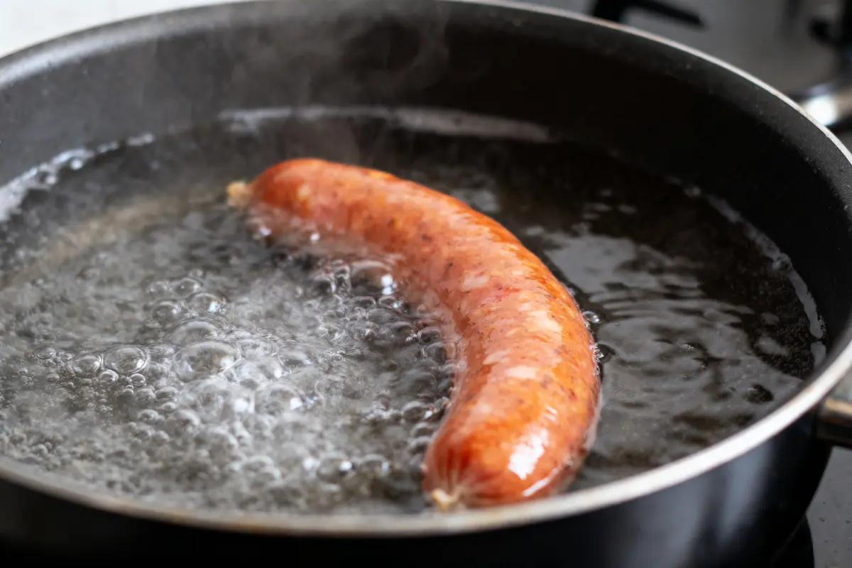 Saucisse cuisant dans une casserole d'eau bouillante sur une cuisinière.
