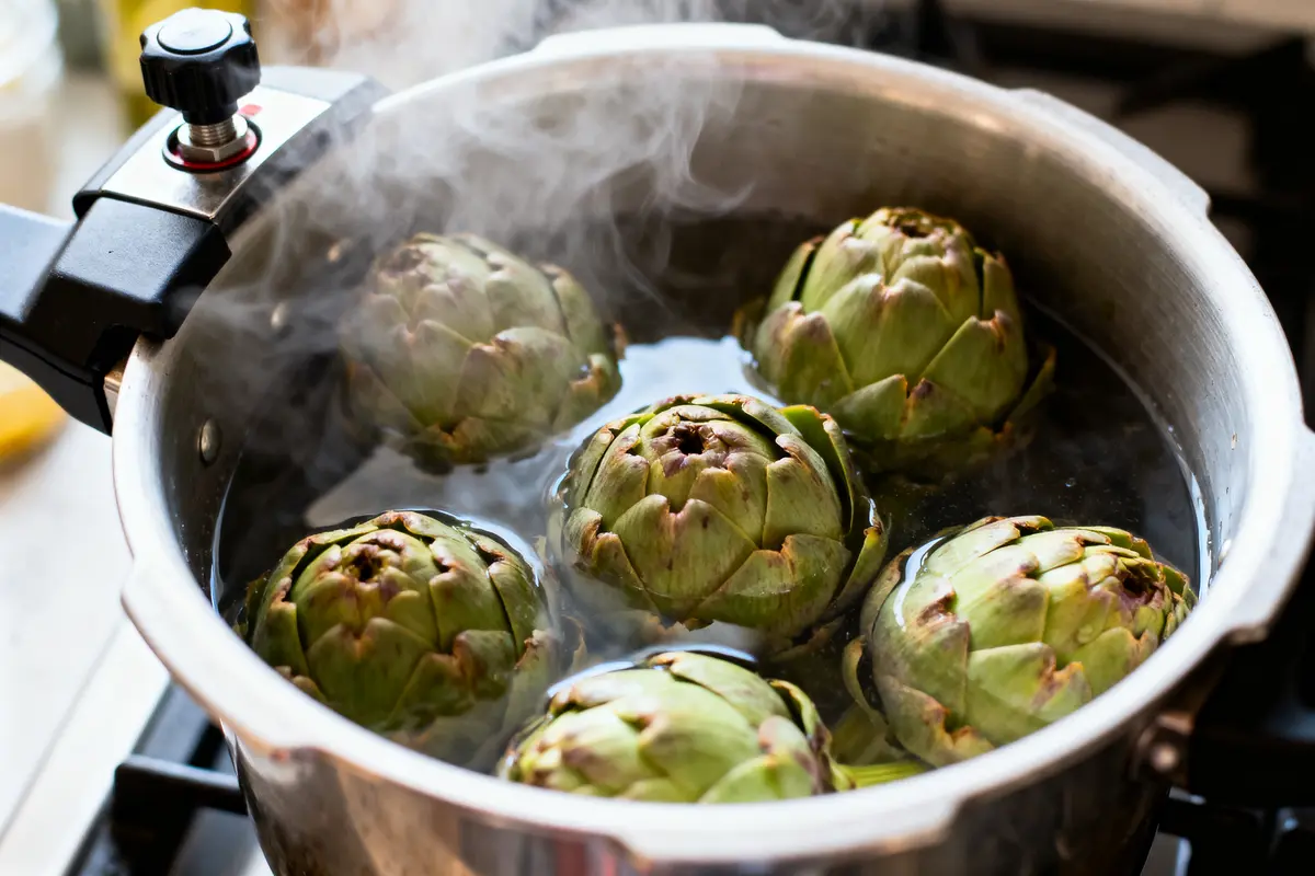 Cinq artichauts cuisant à la vapeur dans une cocotte-minute en acier inoxydable.