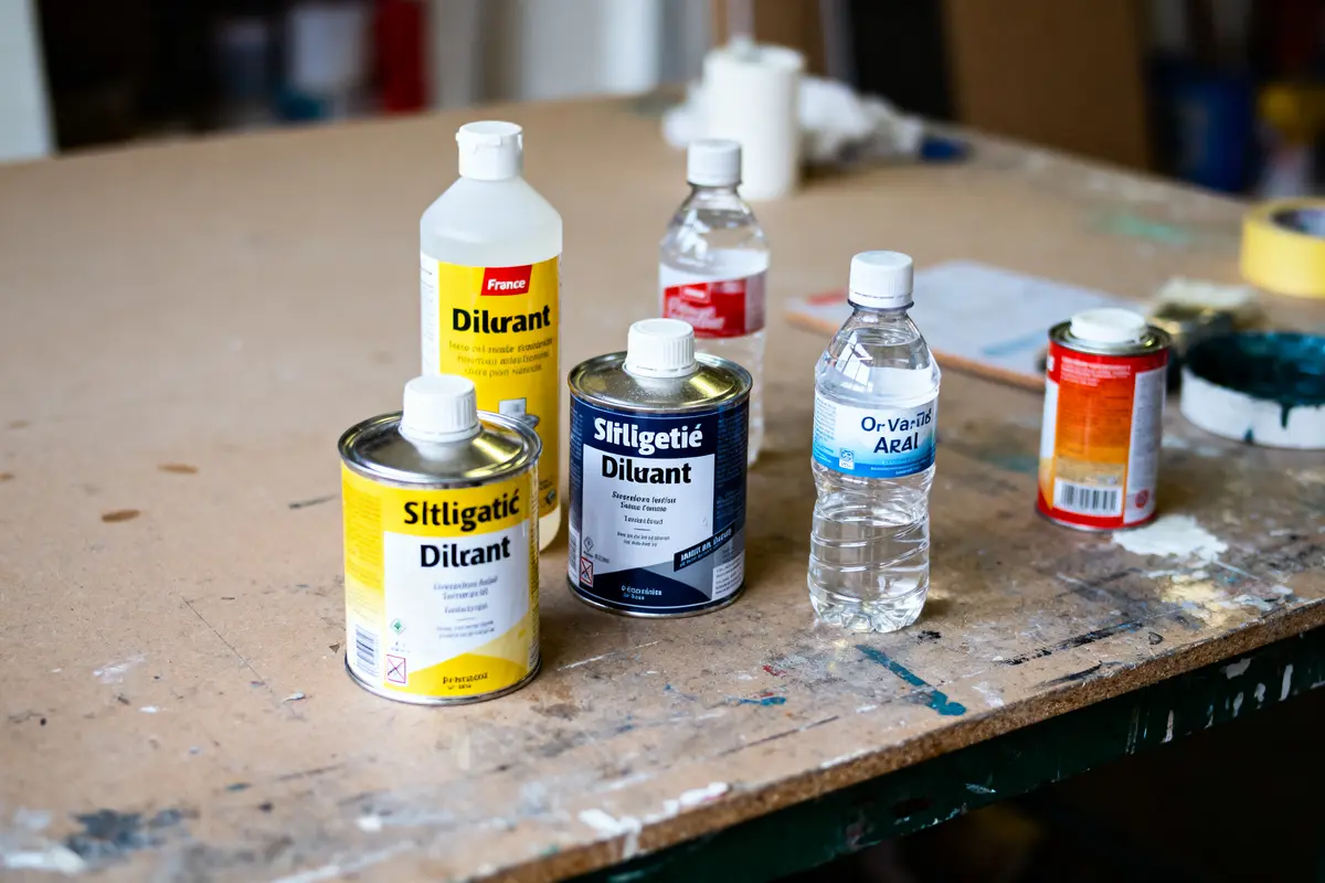 Flacons de diluant et bouteilles sur une table en bois dans un atelier de peinture.