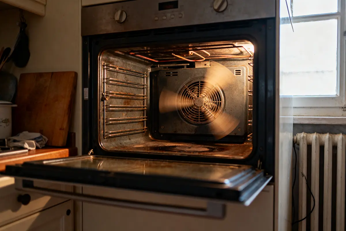 Four moderne ouvert avec ventilateur en fonctionnement, éclairage intérieur, cuisine rustique avec fenêtre et radiateur.