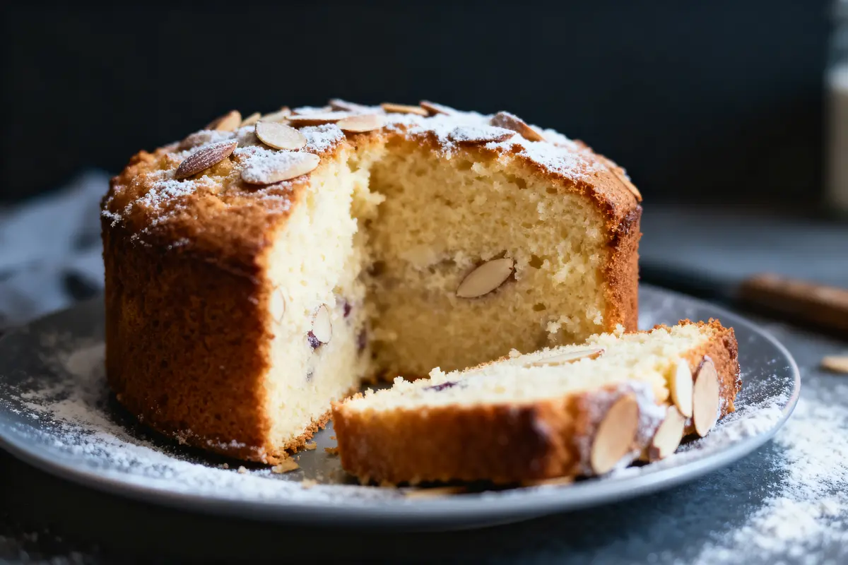 Gâteau aux amandes tranché, décoré de sucre glace et d'amandes effilées, sur une assiette grise.