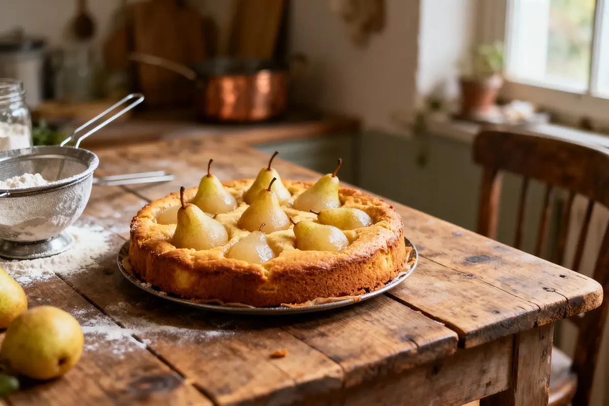 Tarte aux poires entière, table en bois rustique, tamis de farine, cuisine chaleureuse et lumière naturelle.