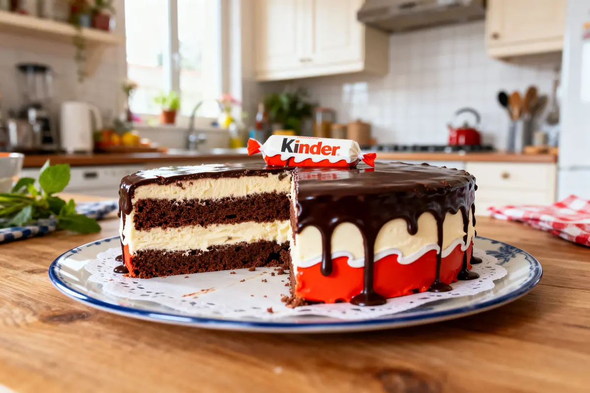 Gâteau au chocolat nappé de ganache, décoré d'un emballage Kinder sur le dessus, cuisine en arrière-plan.