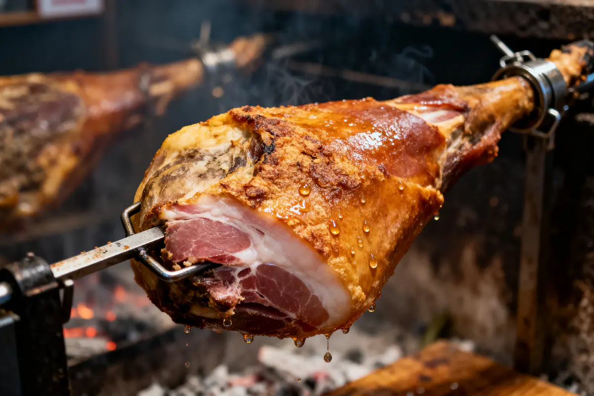 Jambon rôti sur une broche, juteux et doré, en train de cuire au-dessus de braises.