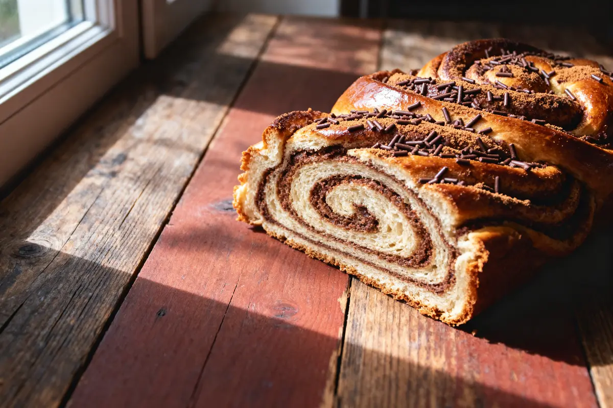 Tranche de pain brioché marbré au chocolat sur une table en bois, éclairée par la lumière naturelle.