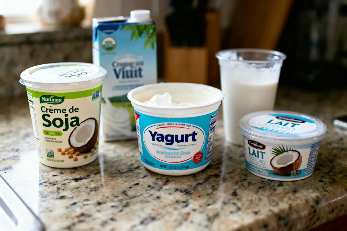 Des produits végétaliens tels que crème de soja, lait coco et yaourt sur un plan de travail.
