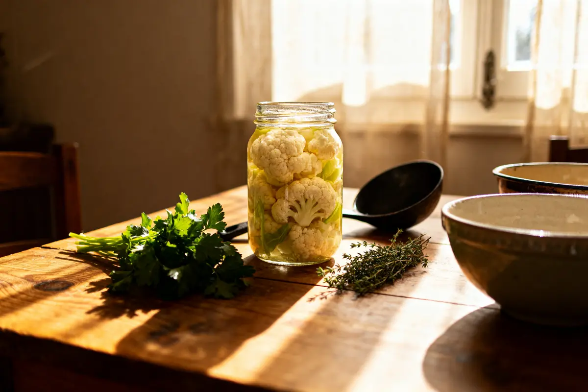 Bocal de chou-fleur mariné sur table en bois avec persil, herbes, bols et lumière naturelle.