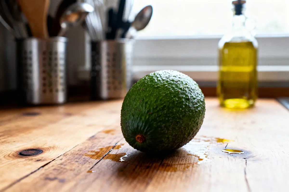 Avocat sur table en bois, bouteille d'huile et ustensiles en arrière-plan, cuisine lumineuse.