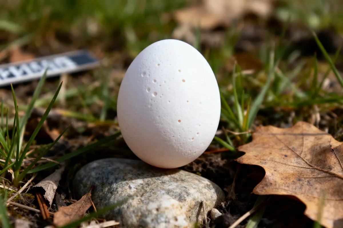 Un œuf blanc posé sur une pierre, entouré d'herbe et de feuilles sèches.