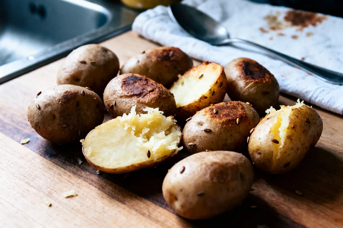 Pommes de terre rôties et coupées en deux sur planche en bois, près d'une cuillère et d'un torchon.