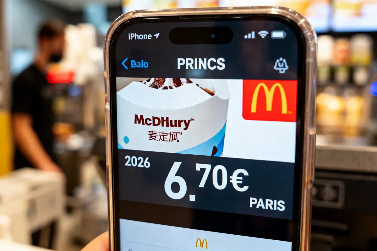 Smartphone affichant une commande McDonald's avec un McFlurry au prix de 6,70€ à Paris.