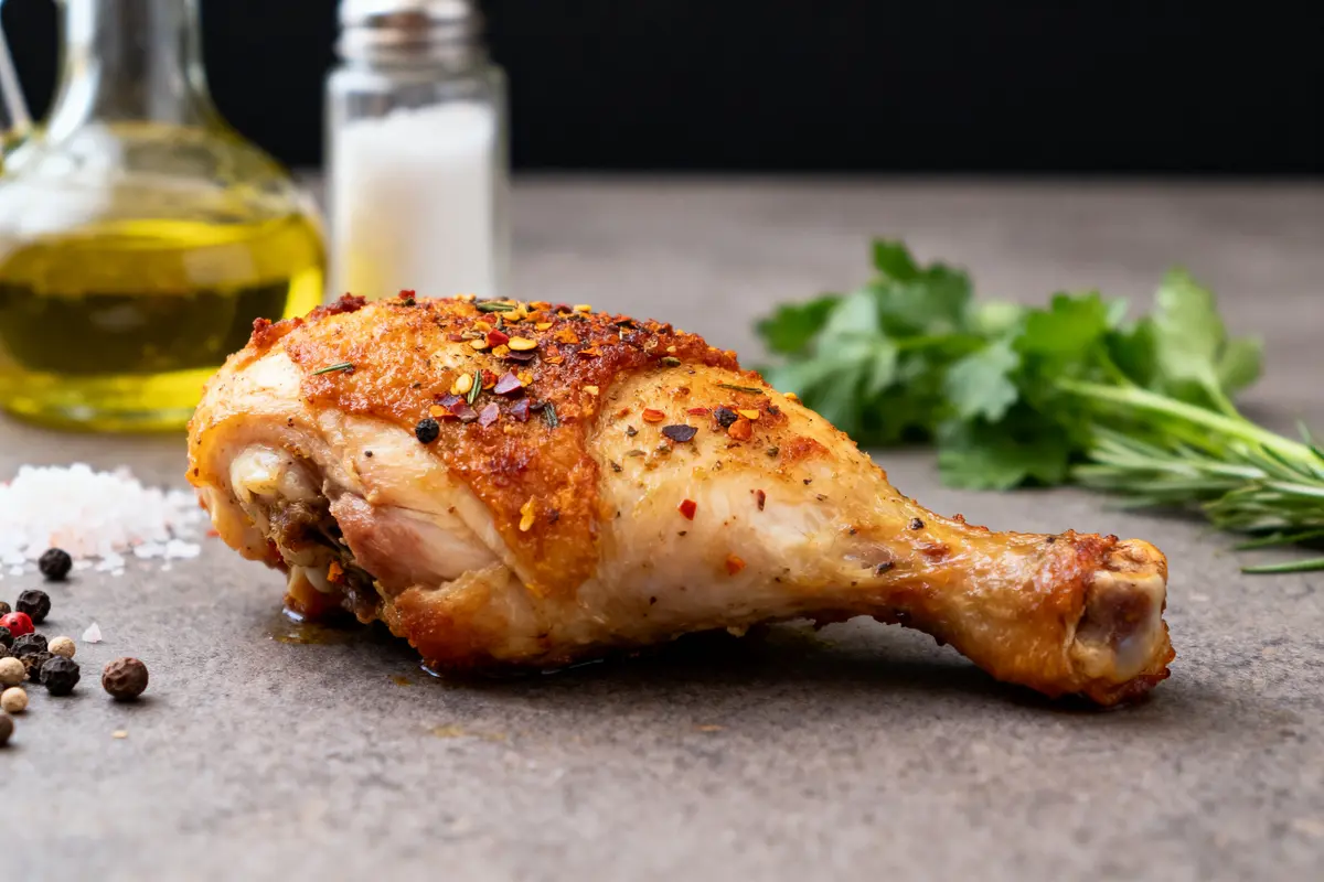 Cuisse de poulet rôti épicée avec herbes, poivres, huile d'olive et sel sur table grise.