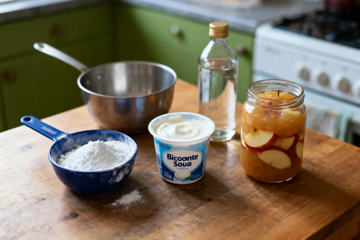 Ingrédients de cuisine sur une table : poudre, yaourt, vinaigre, compote de pommes, bocal à moitié plein.
