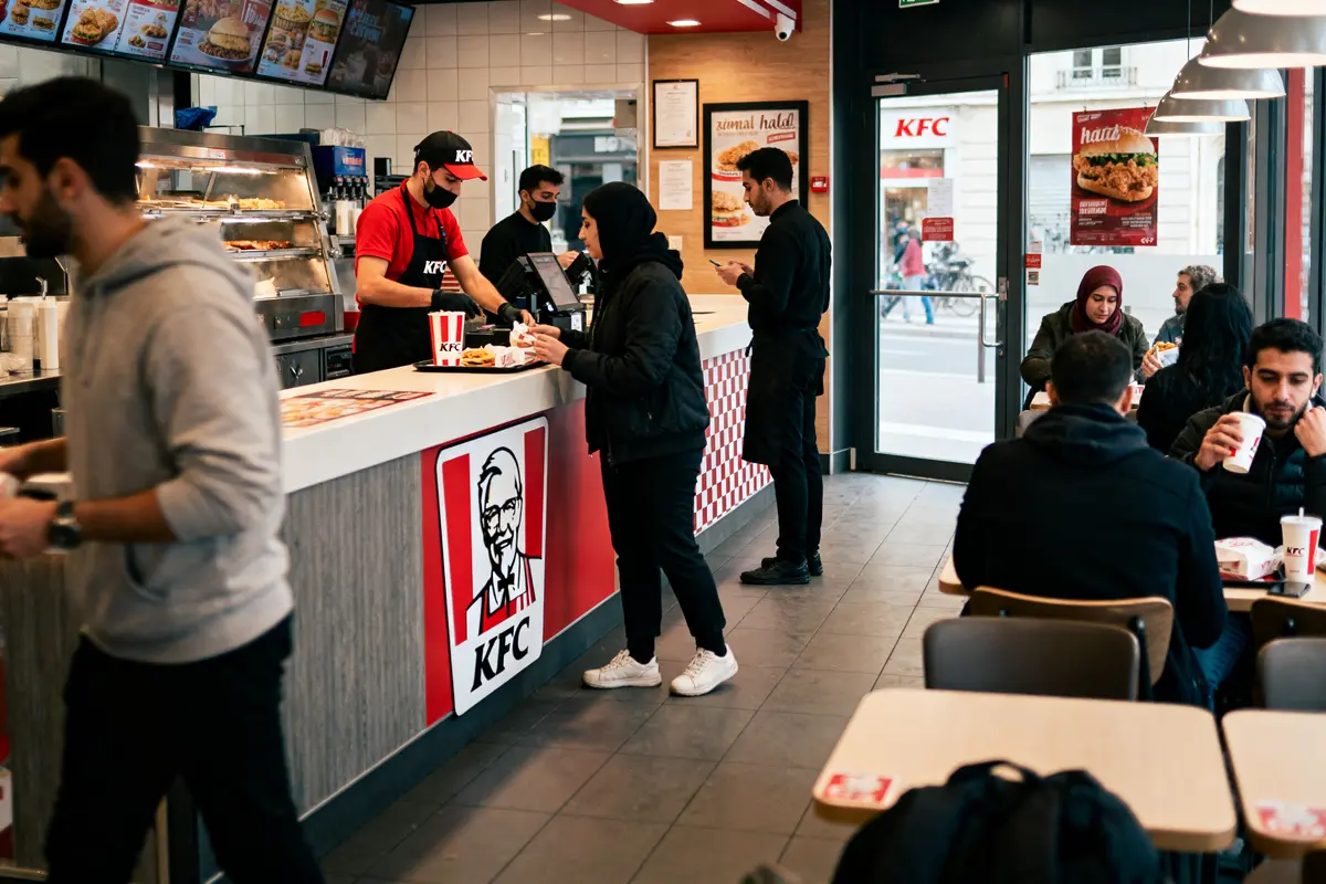 Des clients commandent et mangent dans un restaurant KFC bondé, intérieur moderne et dynamique.