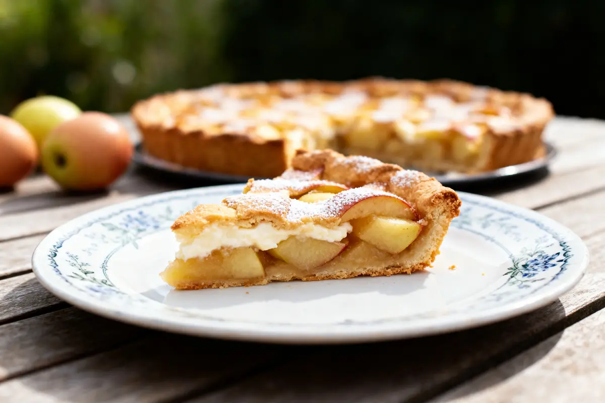 Tranche de tarte aux pommes sur assiette, avec tarte entière et pommes en arrière-plan.