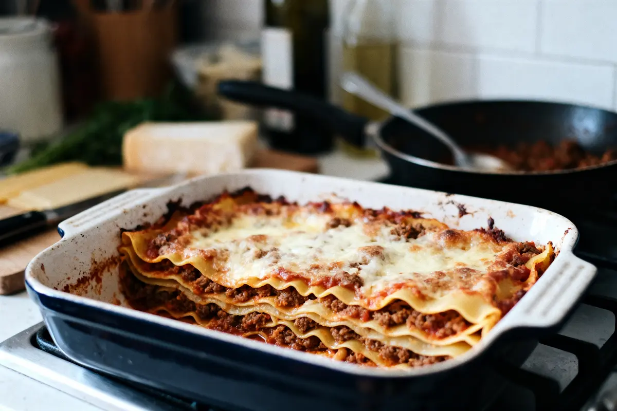 Plat de lasagnes maison au fromage gratiné dans un plat de cuisson rectangulaire sur une cuisinière.