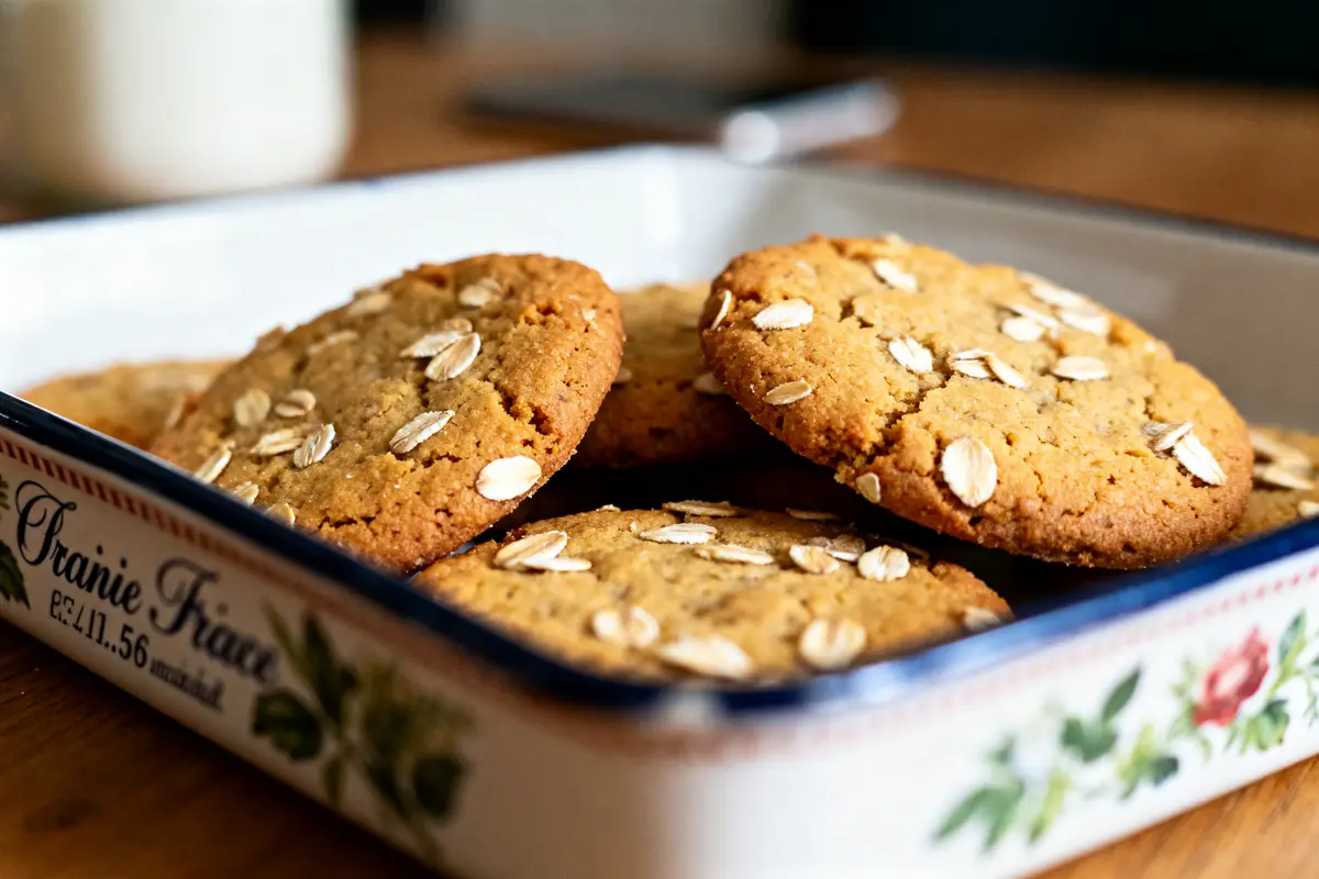 Biscuits à l'avoine présentés dans un plat, typiques des cookies sans sucre.