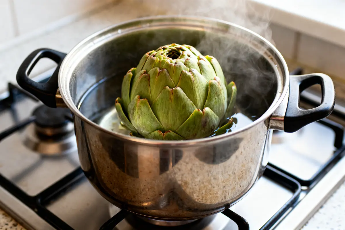 Artichaut cuit à la cocotte-minute sur feu, vapeur visible, cuisson de l’artichaut à la cocotte-minute