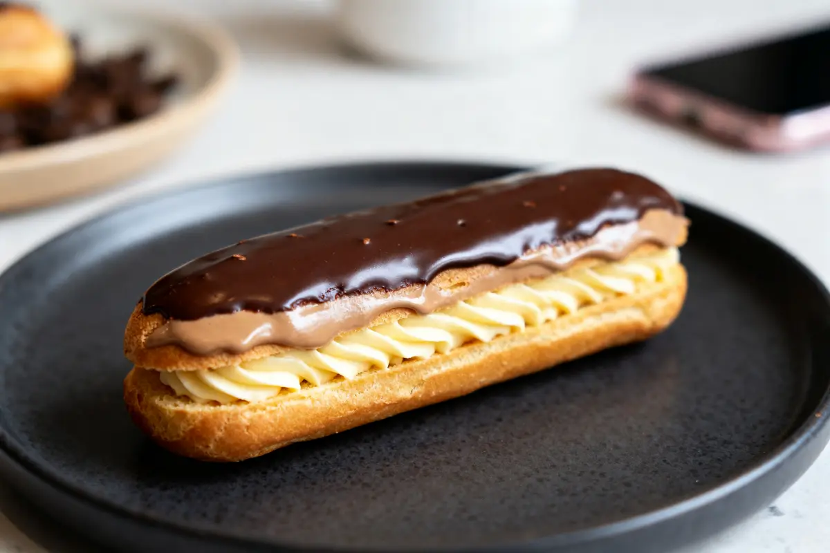 Éclair au café avec glaçage chocolat sur assiette noire en gros plan appétissant