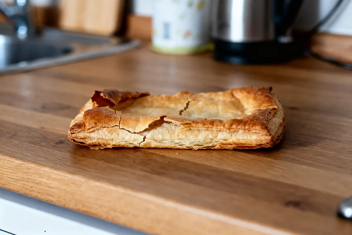 Pâte feuilletée périmée craquelée sur un plan de travail en bois cuisine
