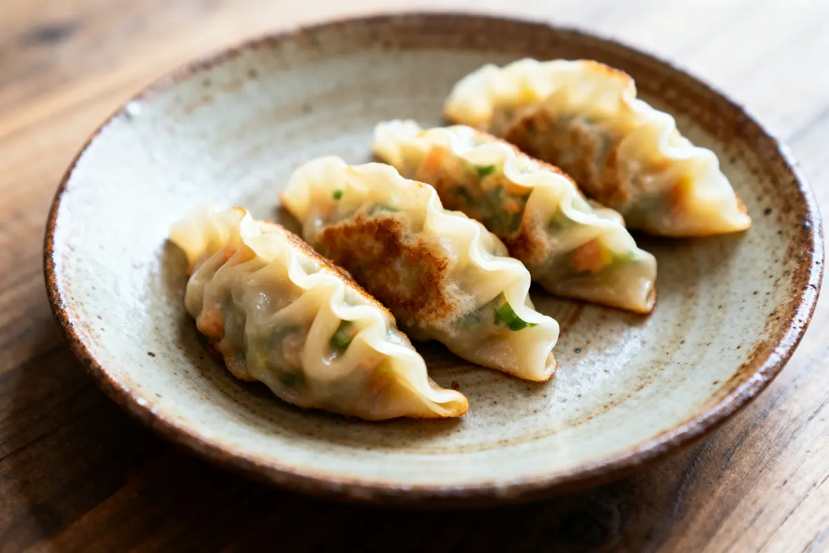 Trois raviolis japonais grillés dans une assiette en céramique sur une table en bois