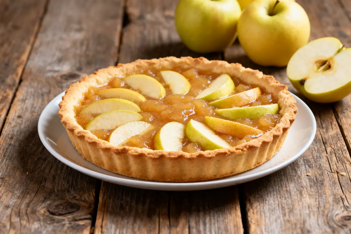Tarte à la compote de pomme garnie de tranches sur une table en bois rustique