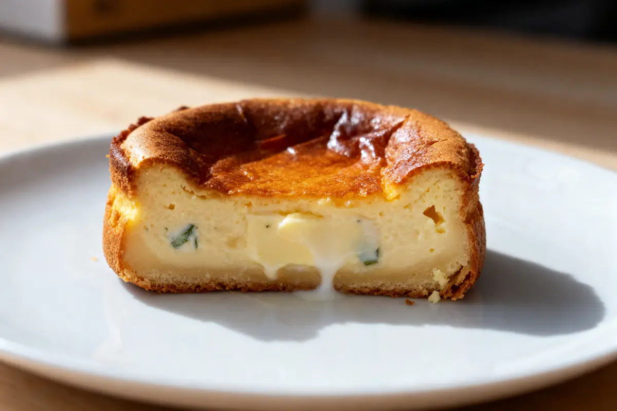 Part de véritable far breton nature crémeux sur une assiette blanche en gros plan