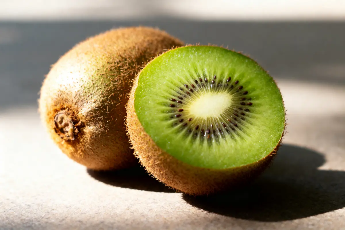 Kiwi coupé en deux montrant chair verte et parlant des calories for a kiwi