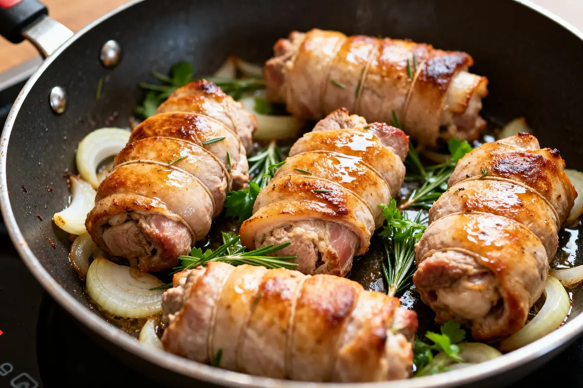 Paupiettes de porc dorées à la poêle avec herbes pendant la cuisson des paupiettes de porc