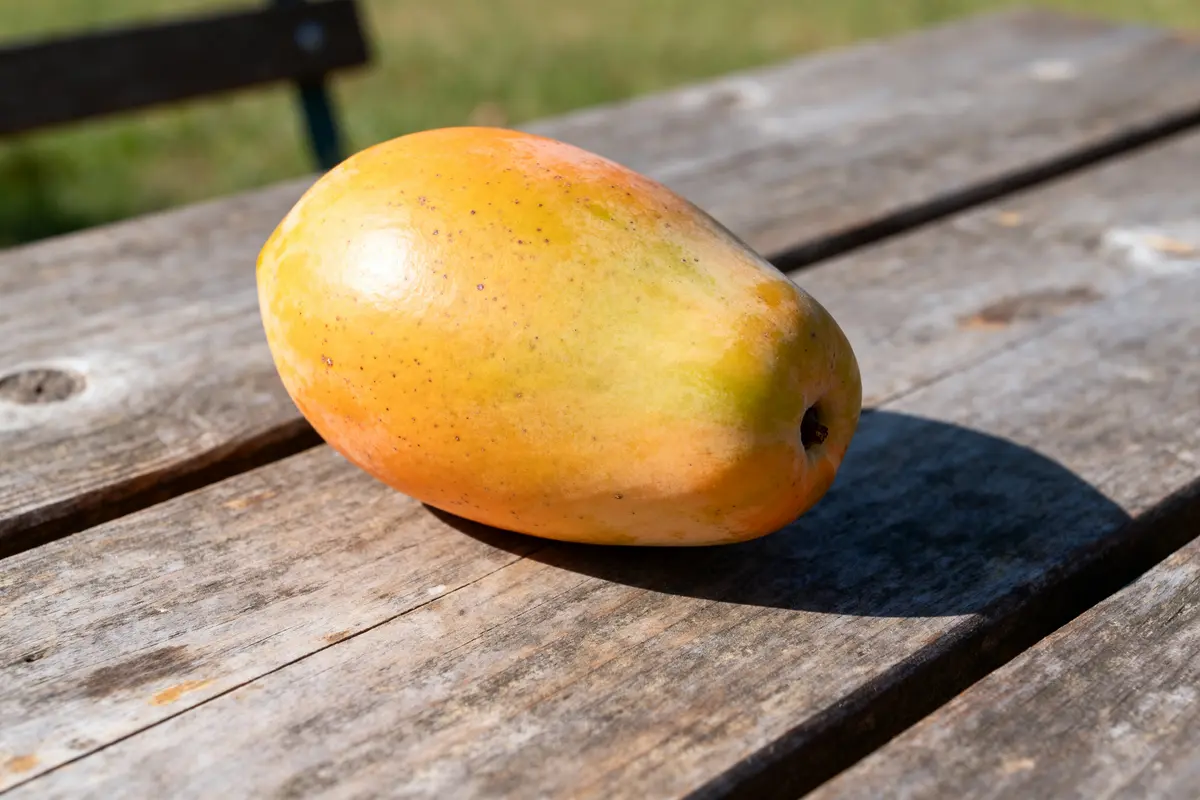 Mango sur table en bois éclairée par le soleil évoquant le kaki calorique