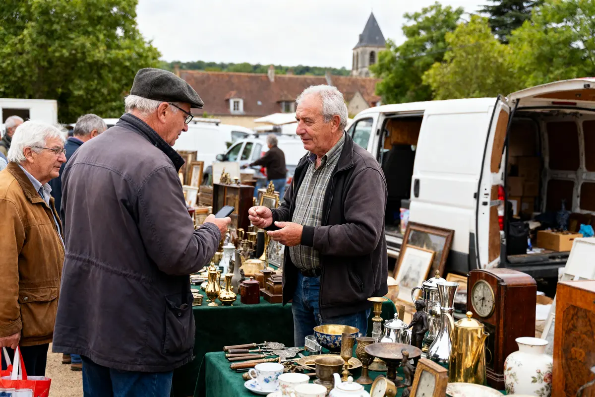Des visiteurs échangent avec les brocanteurs du Cher lors d'un marché en plein air.