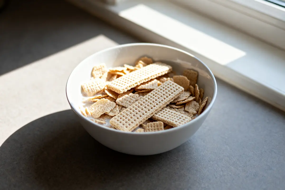 Bol de céréales Weetabix au lait éclairé par la lumière naturelle matinale
