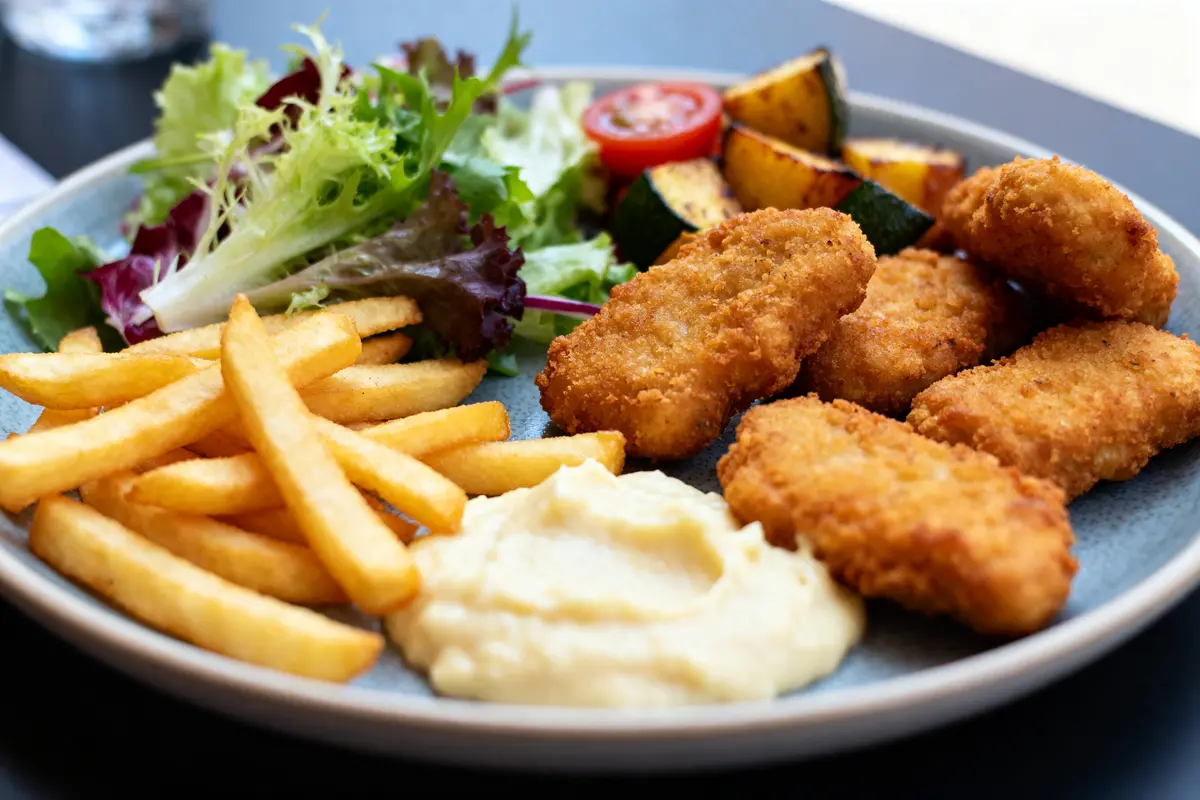 Assiette de nuggets avec frites, purée, légumes grillés et salade pour accompagnement des nuggets
