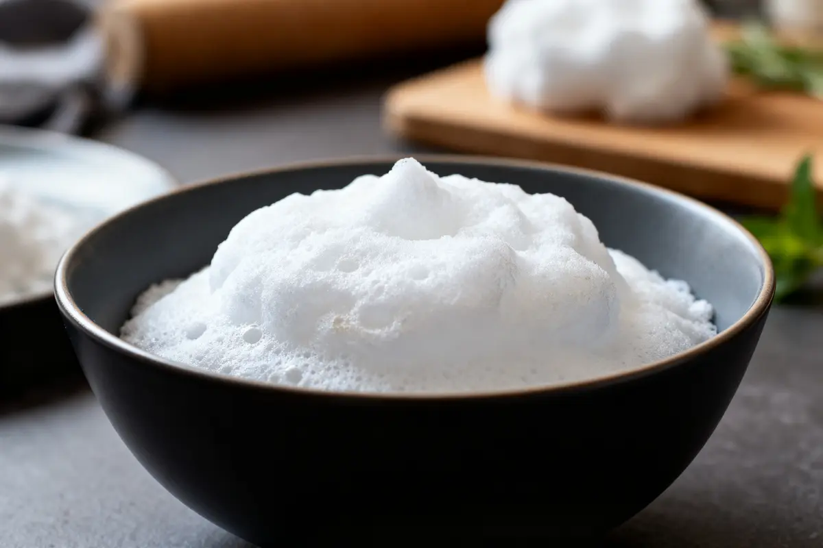 Bol de blancs en neige faits au Thermomix sur une table de cuisine