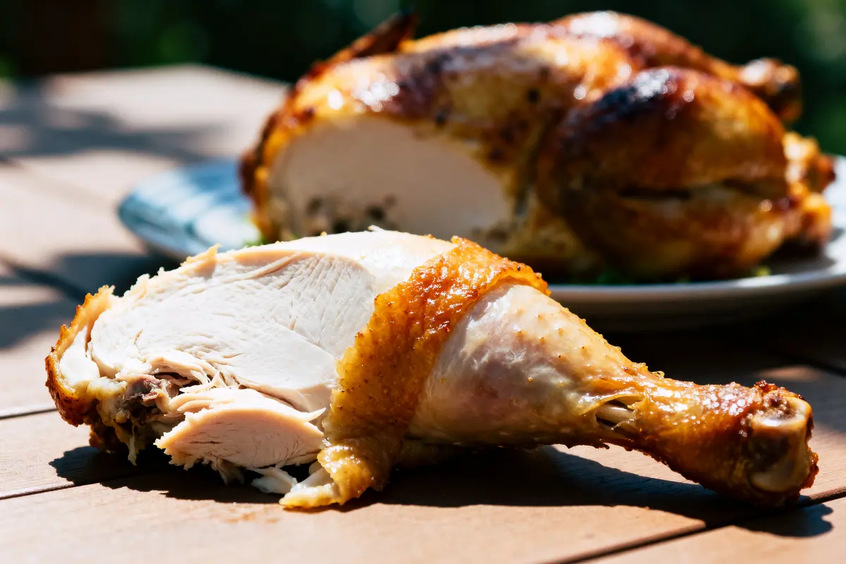 Morceau de poulet rôti sur table, illustrant les calories du poulet rôti.