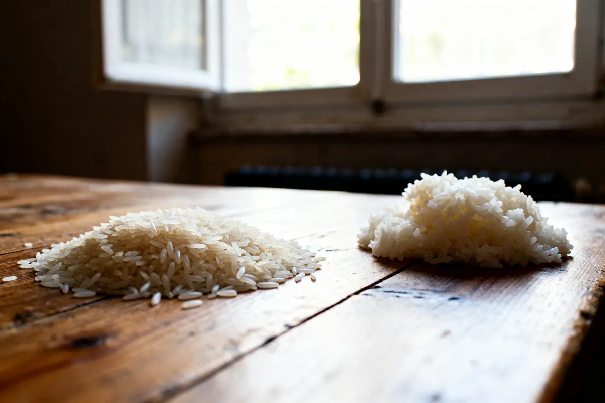 Deux piles de riz sur table en bois, soulignant les calories du riz.