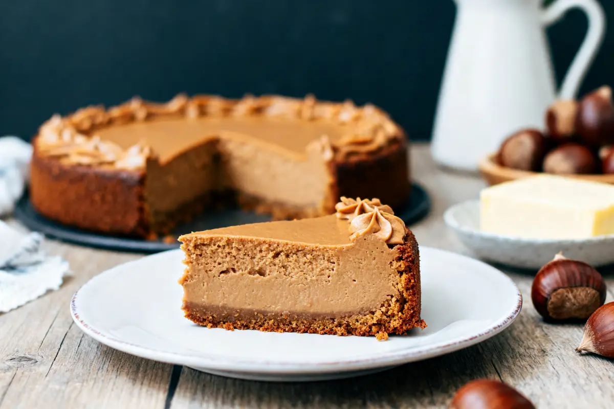 Part de gâteau à la crème de marron sur assiette avec châtaignes et beurre.